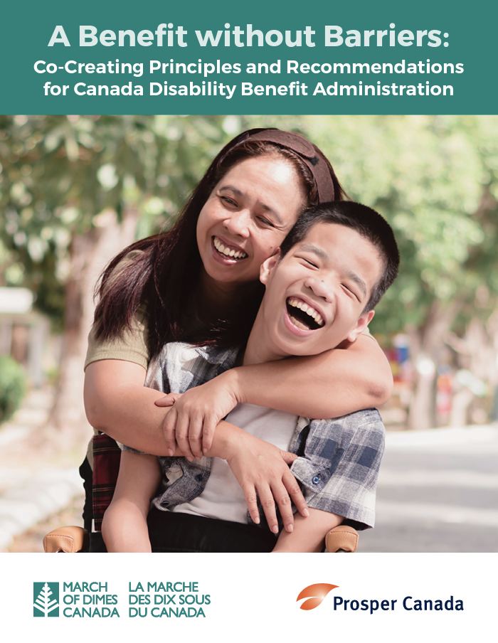 Cover of the report called A Benefit without Barriers published by March of Dimes Canada and Prosper Canada