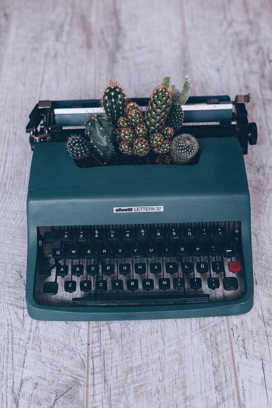 A vintage typewriter sits on a wooden table. It's filled with cacti. 